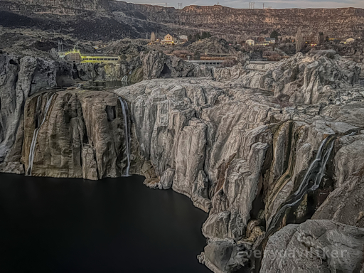 A view of Shoshone Falls focusing more on the river below and the cliff walls that would typically be under the water in higher flows.